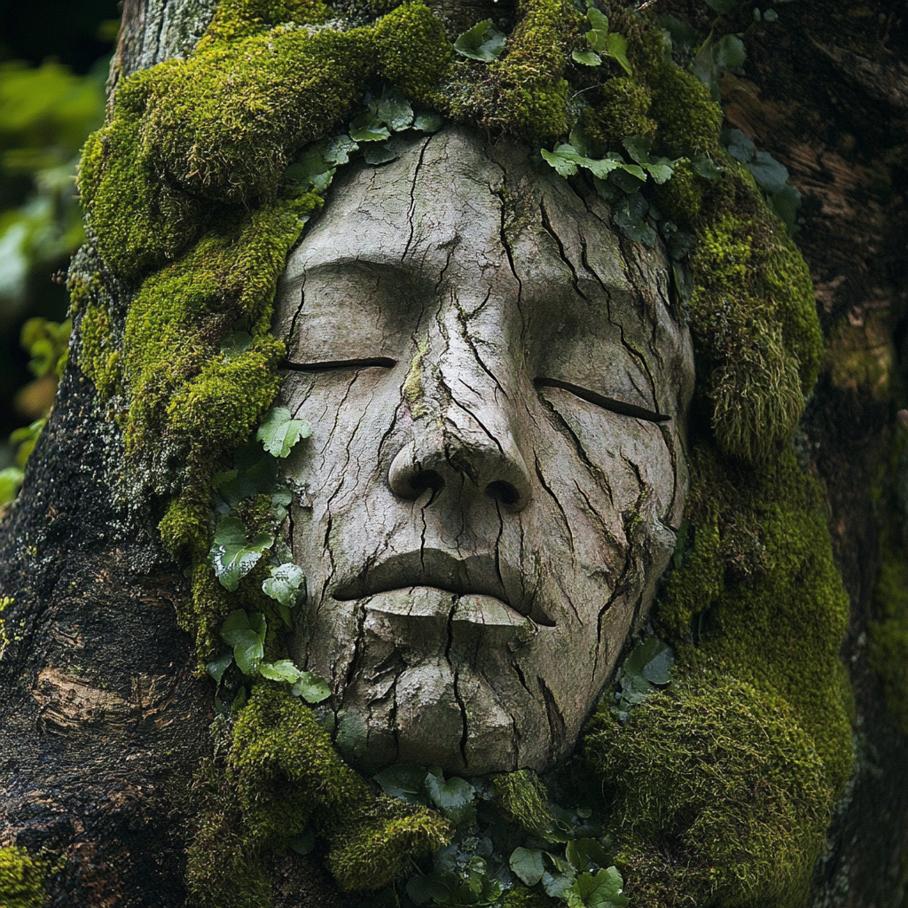 Human face in tree and moss