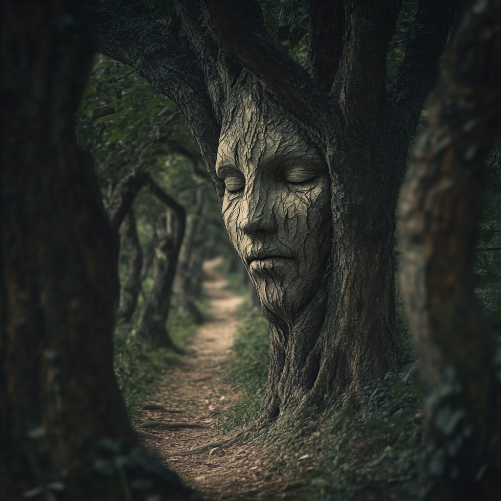 wild face in tree on path
